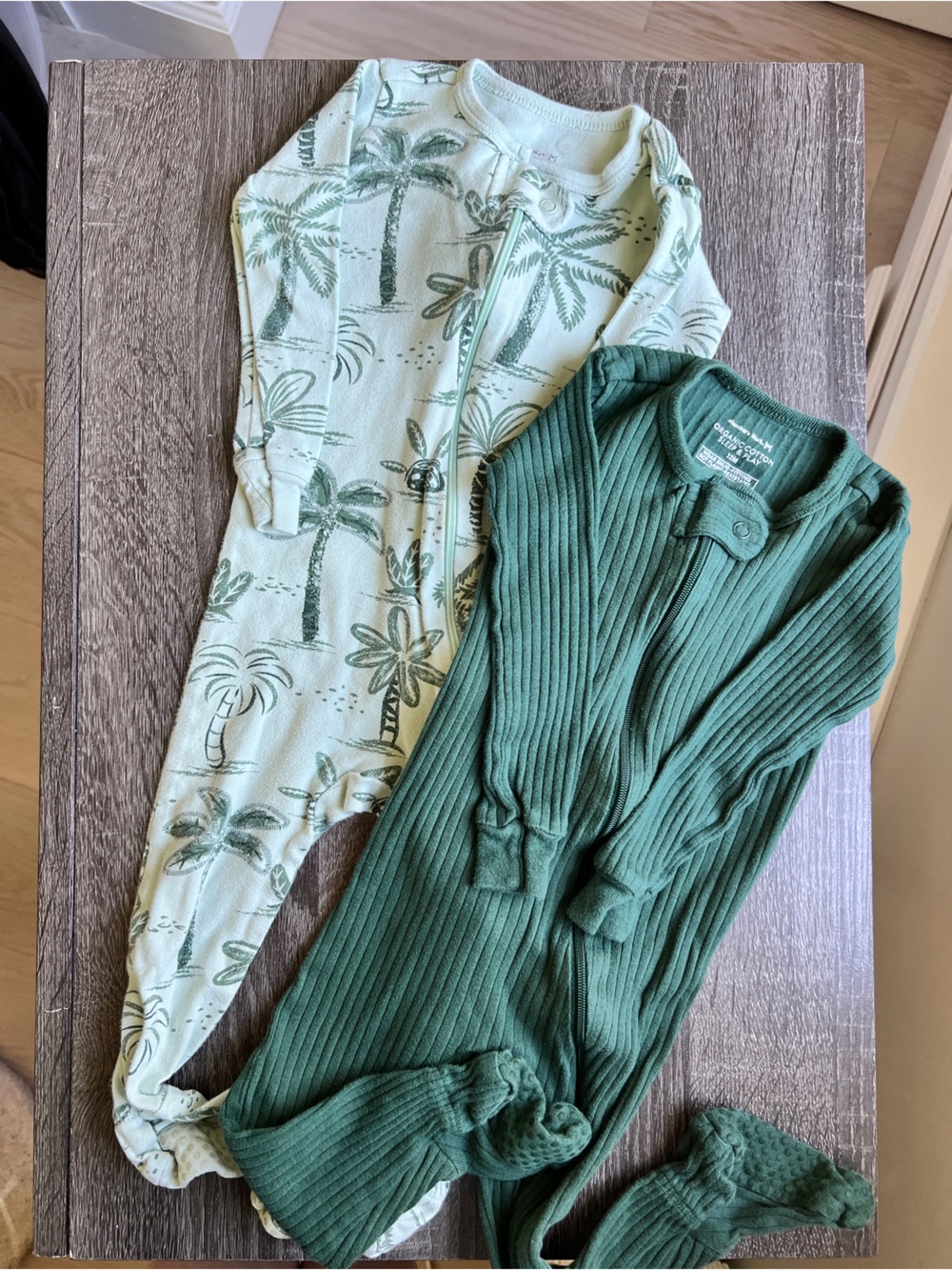 Members Mark Baby Sleeper Bundle Green Ribbed & Palm Tree Zip Footies